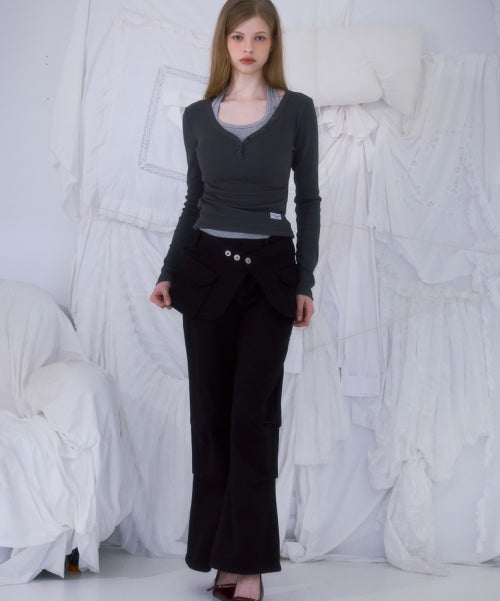 Skirt Layered Bootcut Pants [Black]