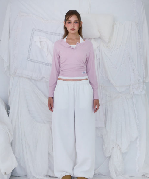 Eyelet Henley-neck Long Sleeve [Pink]