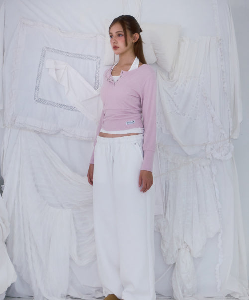 Eyelet Henley-neck Long Sleeve [Pink]