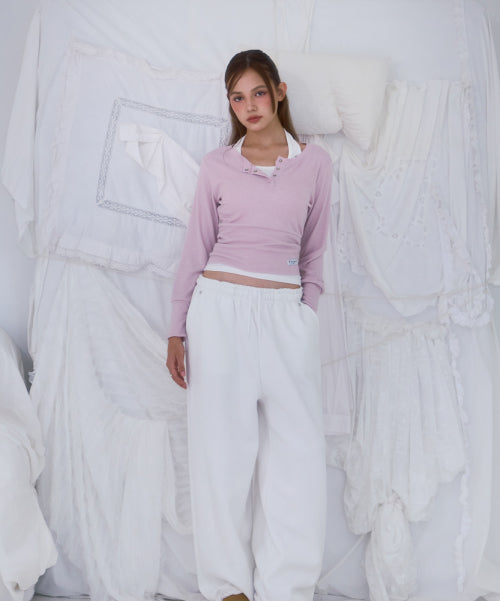 Eyelet Henley-neck Long Sleeve [Pink]