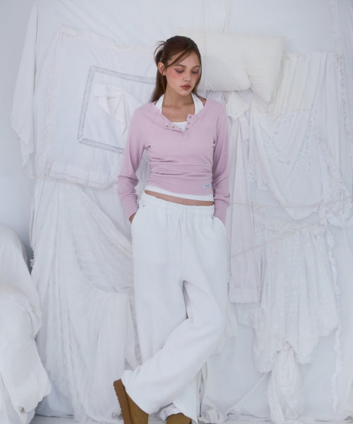 Eyelet Henley-neck Long Sleeve [Pink]