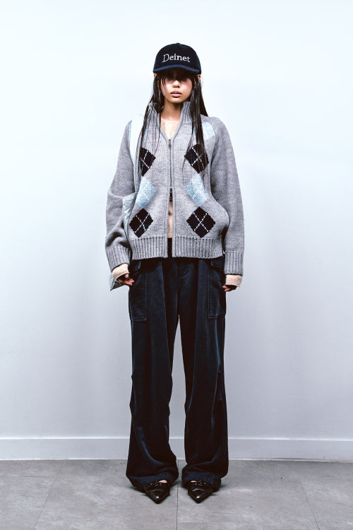 ARGYLE KNIT ZIP UP IN MELANGE GREY