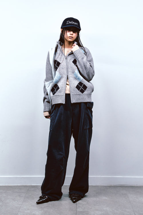 ARGYLE KNIT ZIP UP IN MELANGE GREY