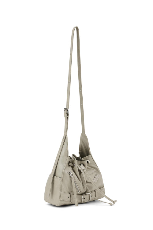 DEINET STUD BELTED MINI BUCKET BAG IN ASH BEIGE