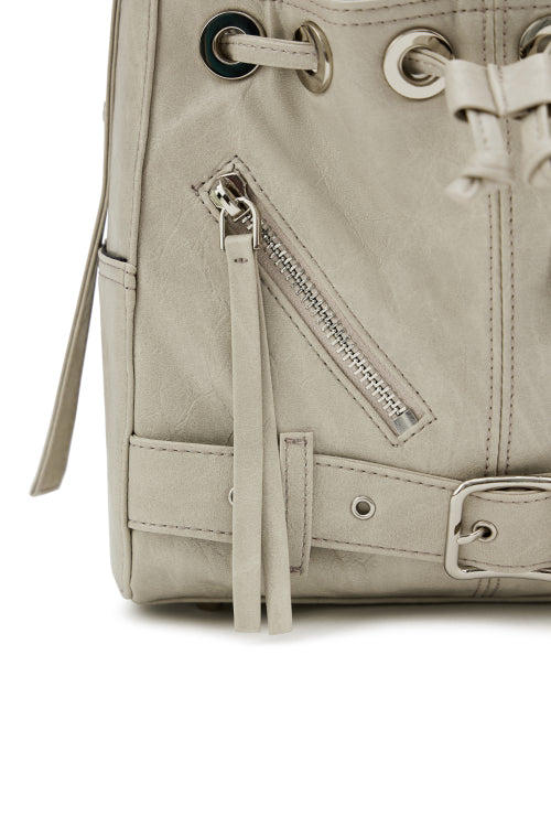 DEINET STUD BELTED MINI BUCKET BAG IN ASH BEIGE