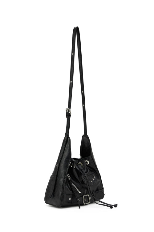 DEINET STUD BELTED MINI BUCKET BAG IN BLACK