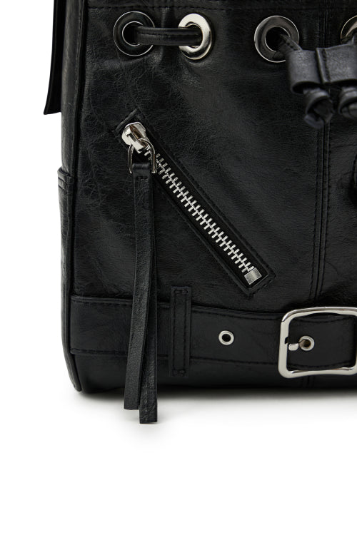 DEINET STUD BELTED MINI BUCKET BAG IN BLACK