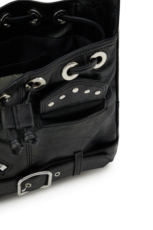 DEINET STUD BELTED MINI BUCKET BAG IN BLACK
