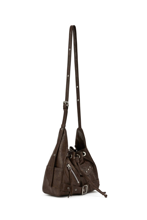 DEINET STUD BELTED MINI BUCKET BAG IN BROWN