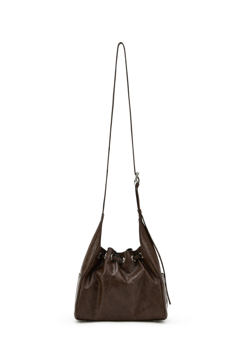 DEINET STUD BELTED MINI BUCKET BAG IN BROWN