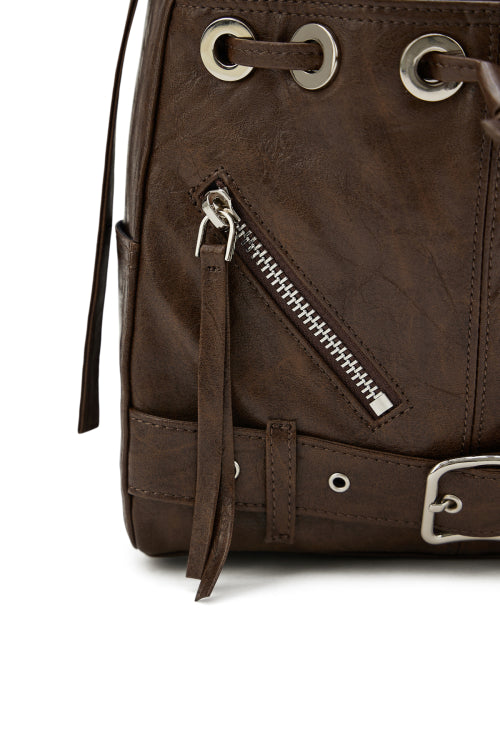 DEINET STUD BELTED MINI BUCKET BAG IN BROWN