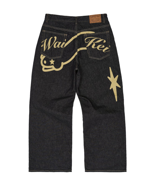 Back Graphic Parachute Denim Pants INDIGO BLUE