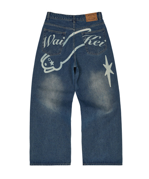 Back Graphic Parachute Denim Pants MEDIUM BLUE