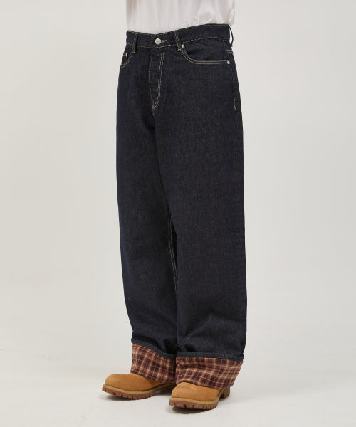 Check Applique Roll Up Row Indigo Denim Pants