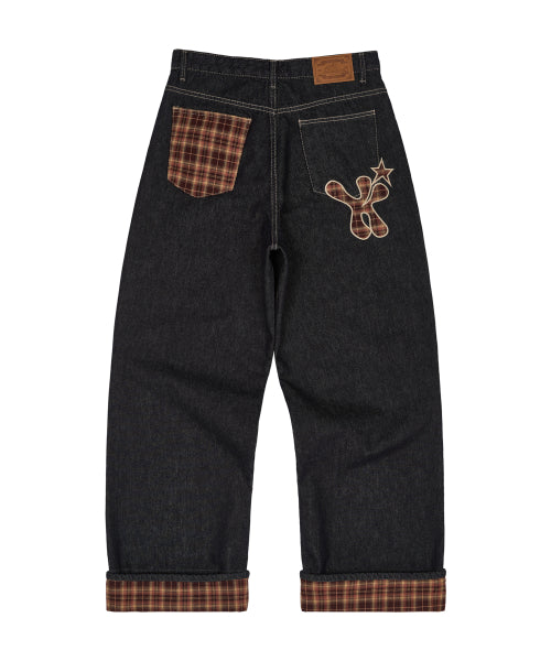 Check Applique Roll Up Row Indigo Denim Pants