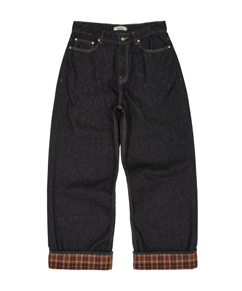 Check Applique Roll Up Row Indigo Denim Pants
