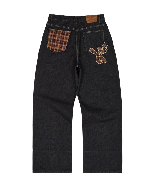 Check Applique Roll Up Row Indigo Denim Pants