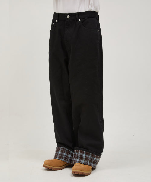 Check Applique Roll Up Cotton Pants BLACK