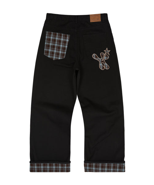 Check Applique Roll Up Cotton Pants BLACK