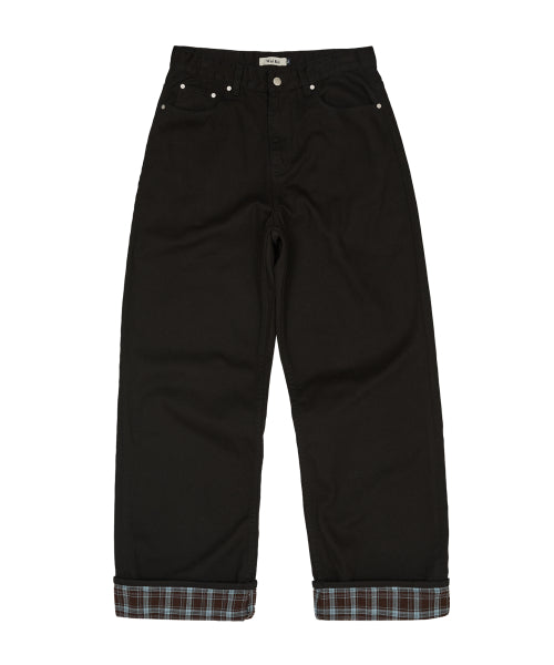 Check Applique Roll Up Cotton Pants BLACK