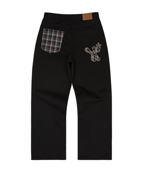 Check Applique Roll Up Cotton Pants BLACK