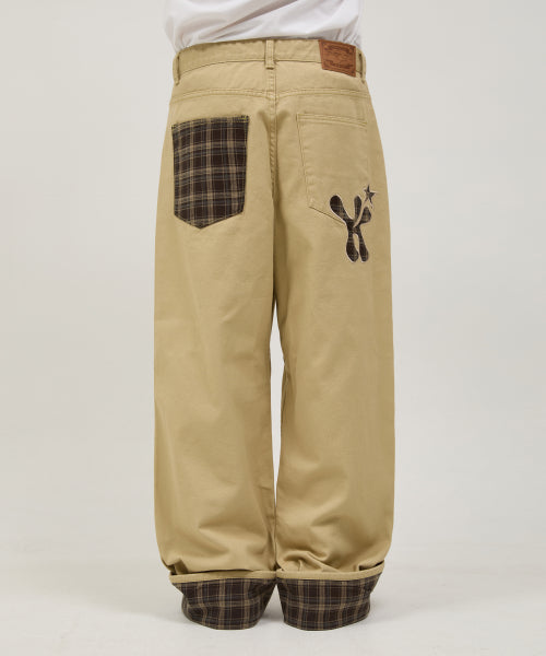Check Applique Roll Up Cotton Pants BEIGE