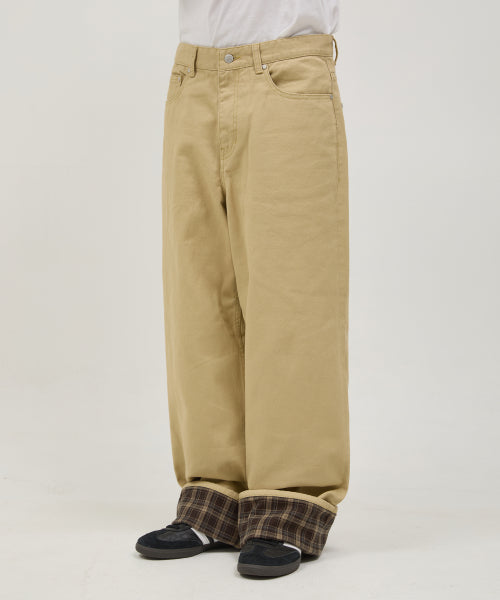 Check Applique Roll Up Cotton Pants BEIGE