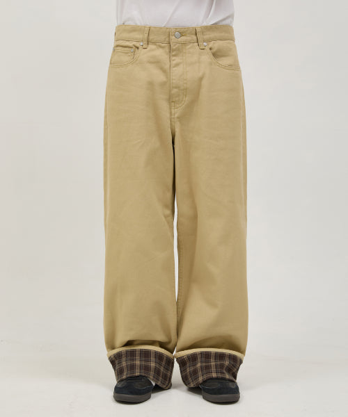 Check Applique Roll Up Cotton Pants BEIGE