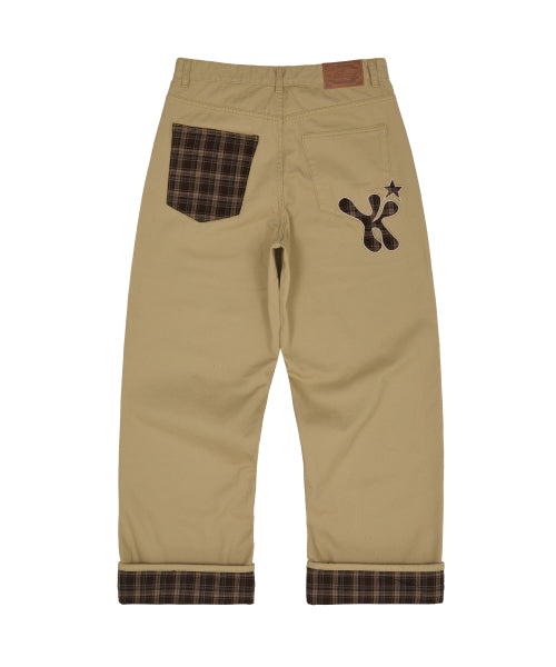 Check Applique Roll Up Cotton Pants BEIGE