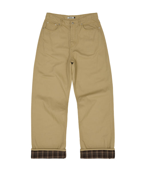 Check Applique Roll Up Cotton Pants BEIGE