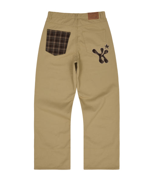 Check Applique Roll Up Cotton Pants BEIGE