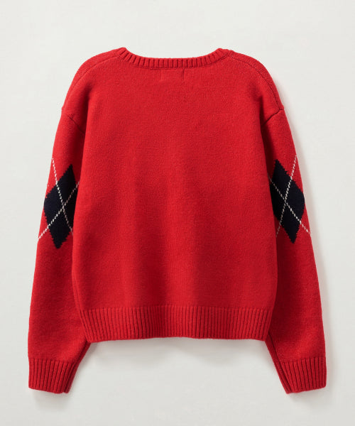(W) Argyle V-Neck Pullover Knit Red