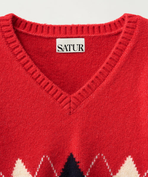 (W) Argyle V-Neck Pullover Knit Red