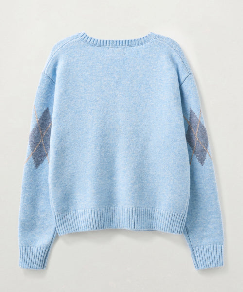 (W) Argyle V-Neck Pullover Knit Sky Blue