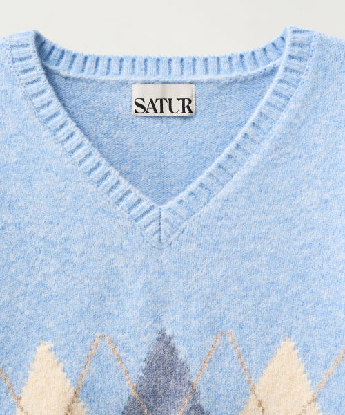 (W) Argyle V-Neck Pullover Knit Sky Blue