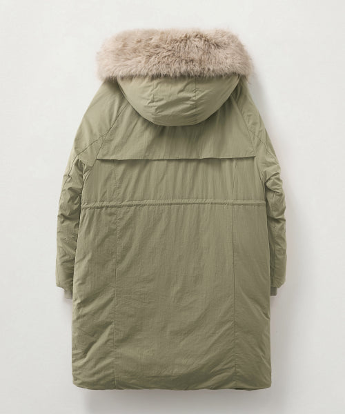(W) Synthetic Fur Collar Hood Long Down Khaki