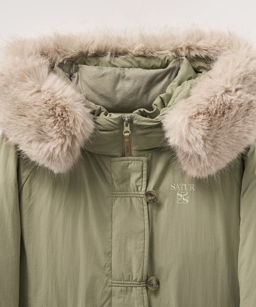 (W) Synthetic Fur Collar Hood Long Down Khaki