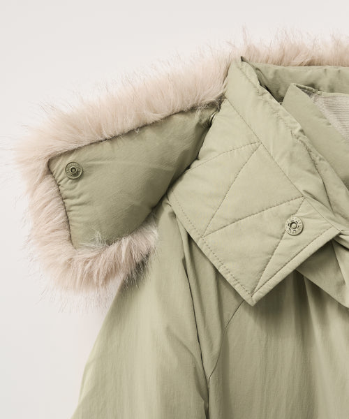 (W) Synthetic Fur Collar Hood Long Down Khaki