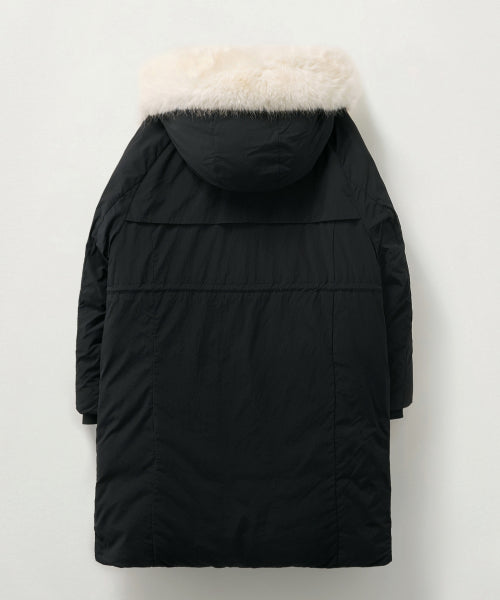 (W) Synthetic Fur Collar Hood Long Down Black