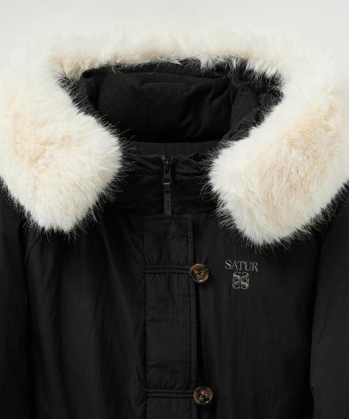 (W) Synthetic Fur Collar Hood Long Down Black