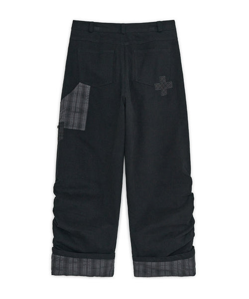Check roll-up cotton pants (Black)