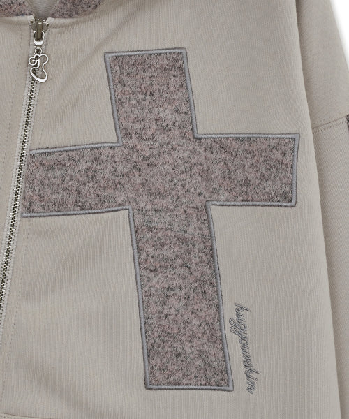 Cross patch hoodie zip-up (Oatmeal)