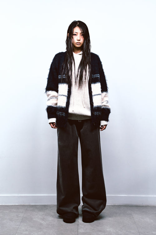 WOOL BLENDED STRIPE KNIT CARDIGAN IN NAVY
