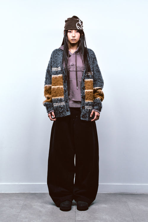 WOOL BLENDED STRIPE KNIT CARDIGAN IN GREY