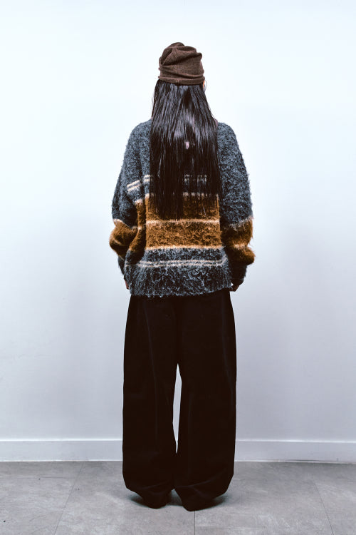 WOOL BLENDED STRIPE KNIT CARDIGAN IN GREY
