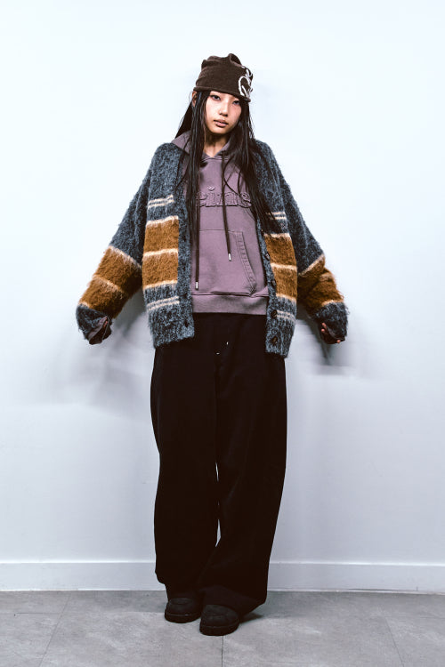 WOOL BLENDED STRIPE KNIT CARDIGAN IN GREY