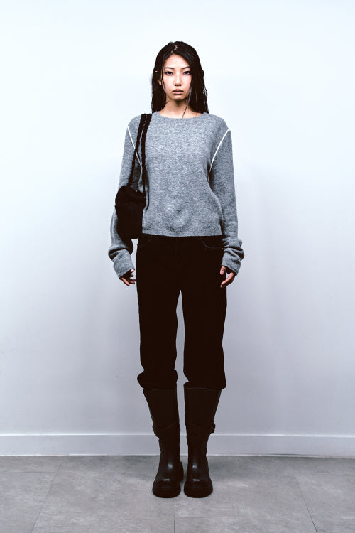 VELVET WASHED BOOT CUT DENIM PANTS IN BLACK