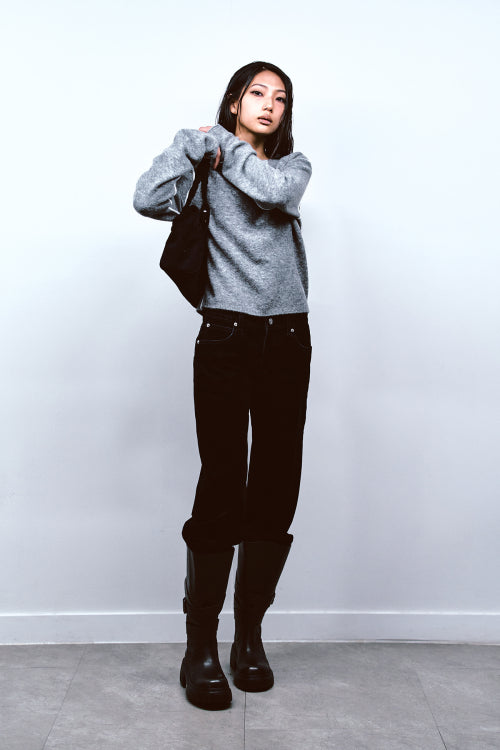 VELVET WASHED BOOT CUT DENIM PANTS IN BLACK