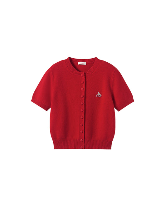 Small Cherry Short Sleeve Knit Cardigan [Red]