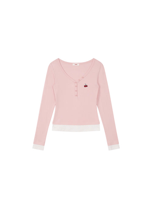 Small Cherry Layered V-Neck Long Sleeves [Pink]
